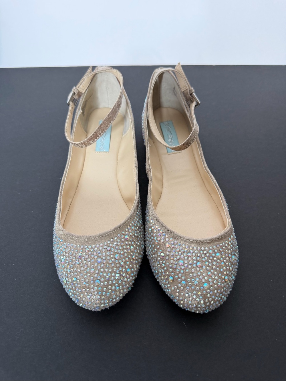 Betsey Johnson Champagne Crystal-Embellished Ankle-Strap Flats